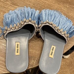 Miu Miu Light Blue Fringe Embellished Sandals